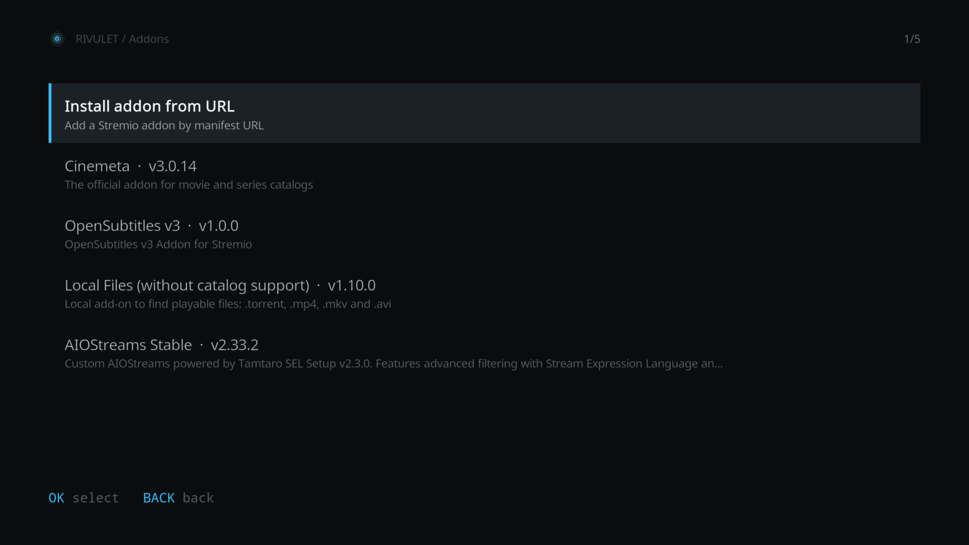 Rivulet's in-app Stremio add-on manager listing installed add-ons
