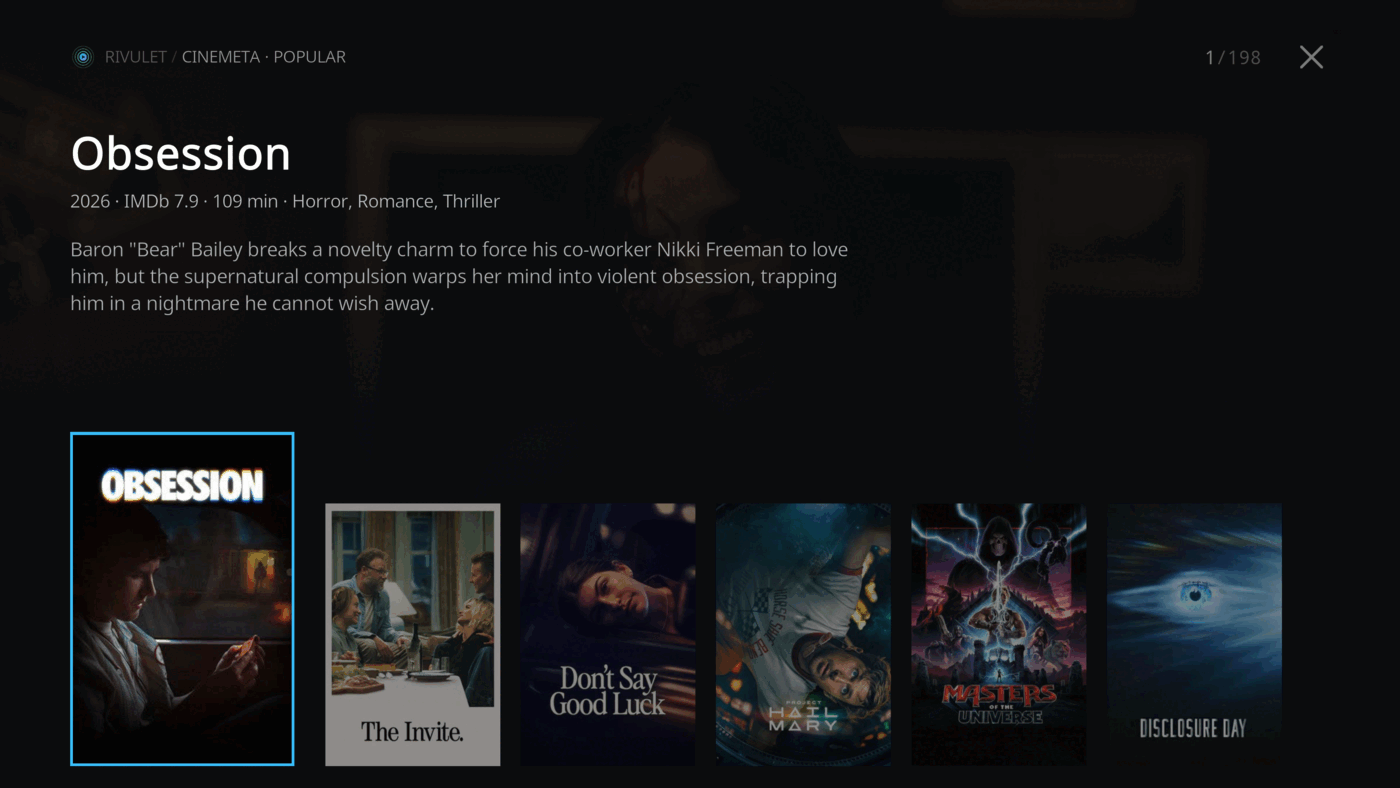 A catalog opened into a coverflow with a featured title's synopsis