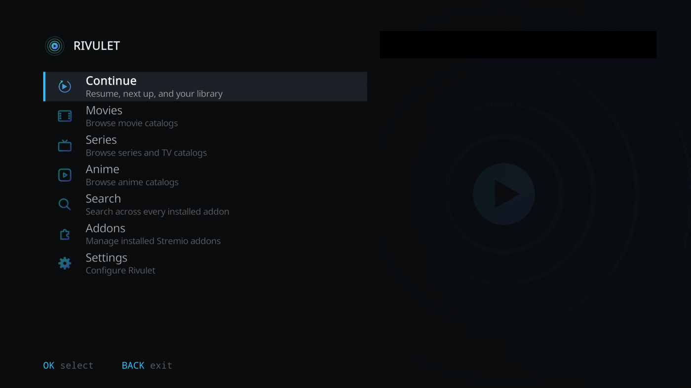 Rivulet's custom Home menu with Movies, Series, Anime, Search, Continue, Add-ons and Settings rows