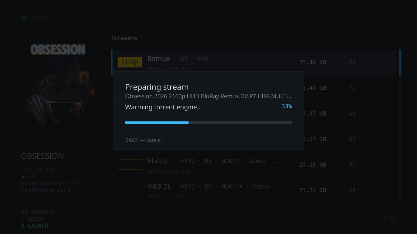 Preparing stream dialog live-resolving a torrent with peer and speed stats