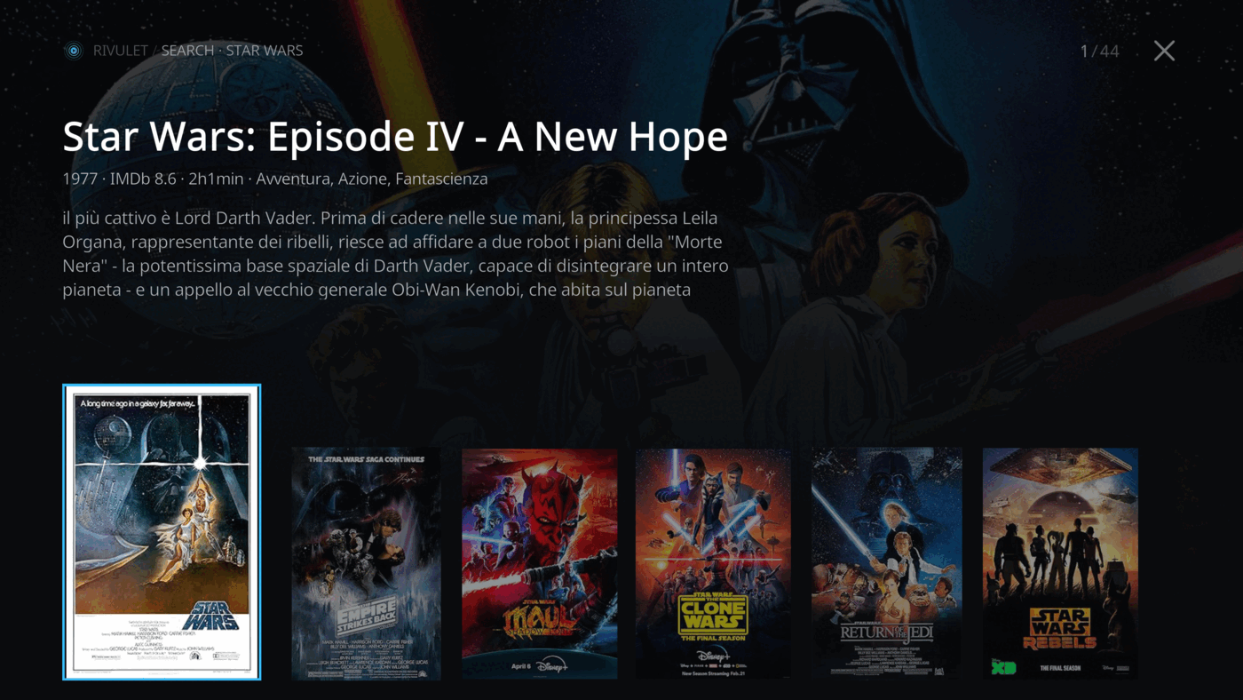 Search results for star wars rendered as a coverflow